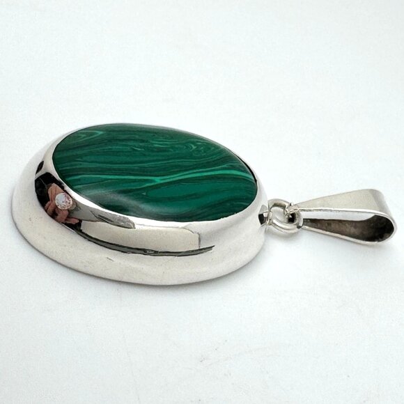 Taxco .925 Sterling Silver & Malachite Oval Pendant Vintage Gift - Picture 6 of 8
